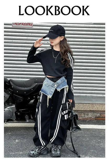 2025 spring teen girl American spliced denim drawstring work pants junior kid casual floor sports Wide leg trousers short hoodie