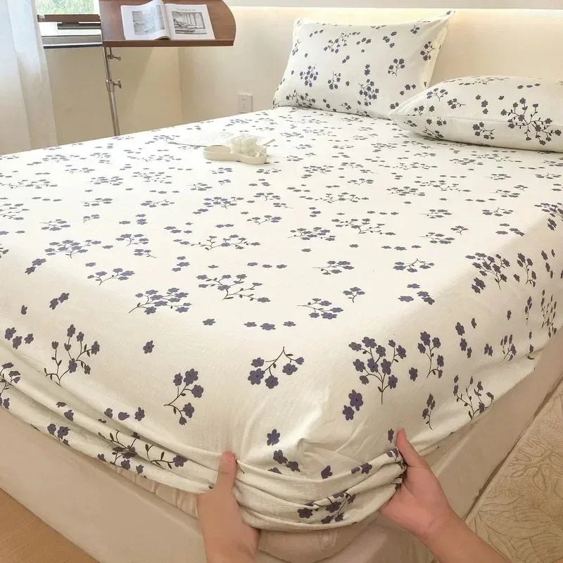 Bed Sheet with Elastic Washed Cotton Blue Flower Printed Fitted Sheet Single/Queen/King Mattress Cover set  for Double Beds