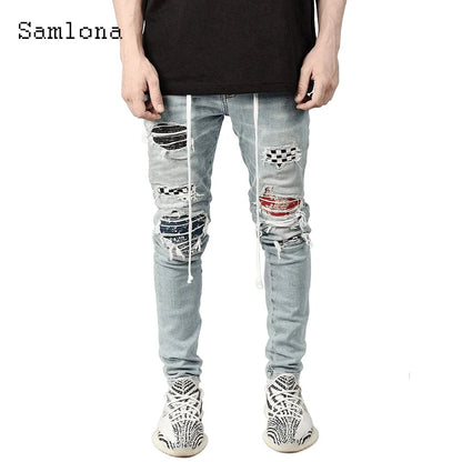 Samlona Jeans Mens Fashion Skinny Denim Pant Male Streetw New Patchwork Demin Pants Sexy Jeans Blue Grey Pencil Trouser