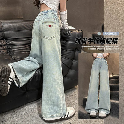 Kids High Waisted Washed Jeans Classic Trendy Street Straight Denim Pants for Girls Simple Style Jeans Trousers For Teens Child