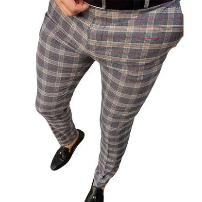 Mid-rise Zipper Button Fly Pockets Men Pants Autumn Plaid Print Straight Fit Casual Pencil Pants