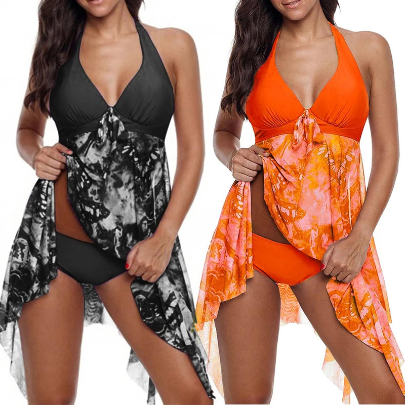 Jucleo Women Swimwear Irregular Floral Printed Halter Two Piece Swimsuit Bathing Suit Swimming Dress and Short Beachwear Tankini