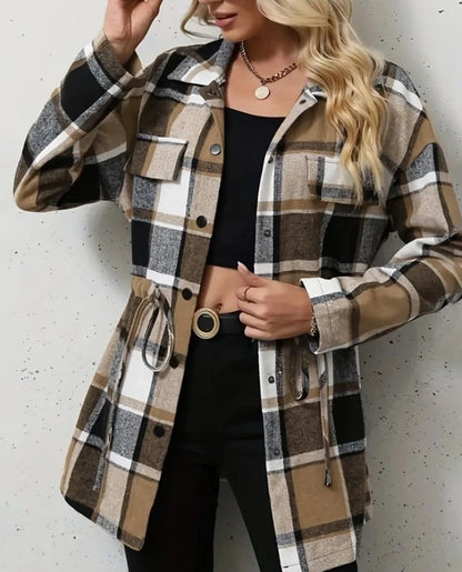 Women's Plaid Pattern Flap Detail Drawstring Waist Button Front Coat Daily Clothing Autumn & Winter New Female Fashion Jacket