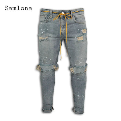 Samlona Jeans Mens Fashion Skinny Denim Pant Male Streetw New Patchwork Demin Pants Sexy Jeans Blue Grey Pencil Trouser