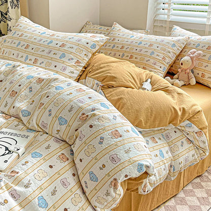 Washed Cotton Bedding Comforter Set Pillowcase bed sheet Single Full Size Bed Linen Duvet Cover Set Queen/King Double Size