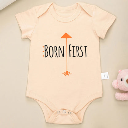 Born First Show Off Funny Twin Newborn Boy Bodysuits Fashion Cute Baby Girl Clothes Short Sleeve Summer Cotton Infant Onesies