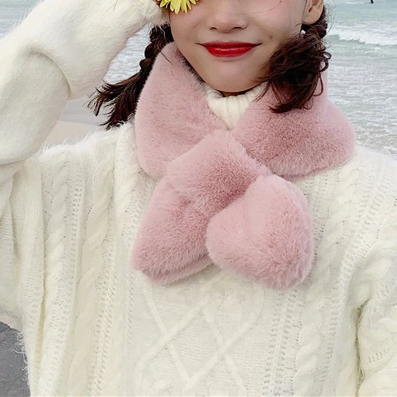 Cross Scarf For Women Autumn Winter Keep Warm Thick Plush Neck Collar Solid Color Fake Rabbit Fur Snood Scarves Warmer Girl Gift