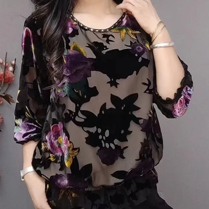 Autumn Winter Flower Western Style Top for Middle Aged and Elderly Moms Reduced Age Loose Fashion Bottom Shirt for Women