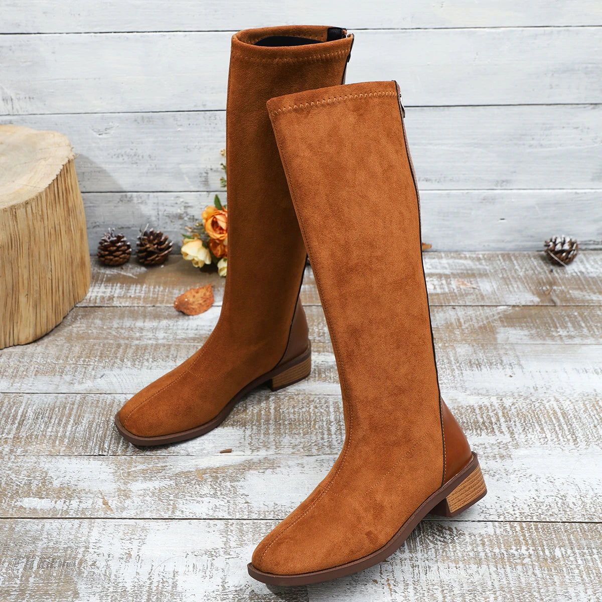 Women's Fashion Boots Spring and Autumn New Style Round Toe Back Zipper Knee-high Boots Women Stitching High Boots Simple Boots