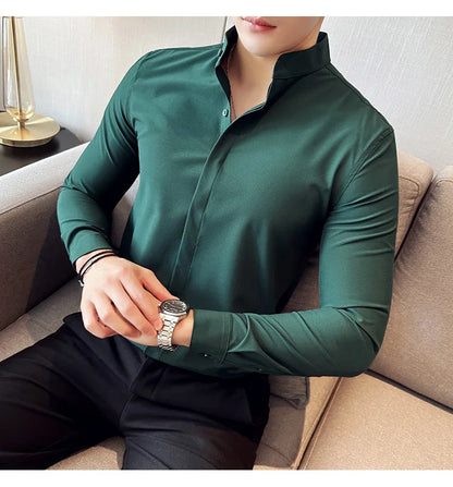 2024 New Stand Collar Luxury Shirts For Men High Quality Hide Buttons Design Solid Slim Fit Business Party Wedding Dress Shirts