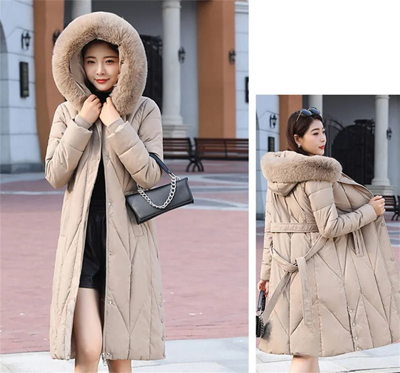 New Snow Wear Coat Women Parkas Fur Collar Down Cotton Jacket Warm Female Loose Long Winter Jackets Puffer Parka Outerwear