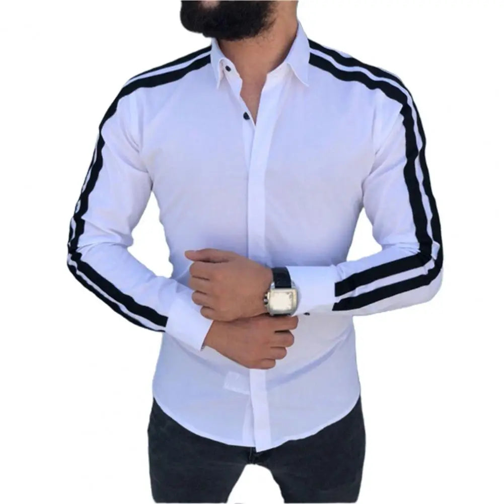 Long Sleeve Turn-down Collar Men Shirt Button Cuffs Side Striped Slim Office Shirt Leisure Clothing Casual Shirt korean popular