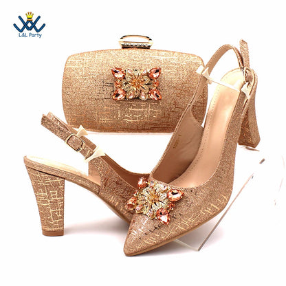 Champagne Color High Quality Women Pointed Toe Shoes Matching Bag Set for Nigerian Ladies Wedding Party