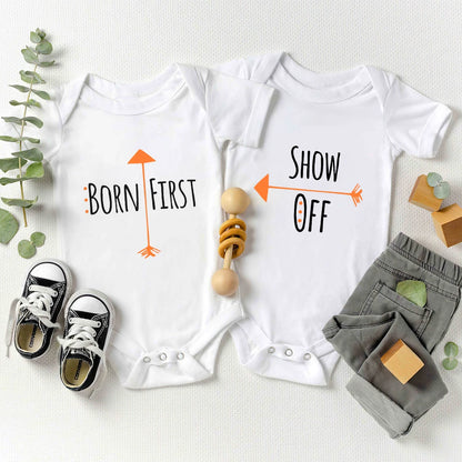 Born First Show Off Funny Twin Newborn Boy Bodysuits Fashion Cute Baby Girl Clothes Short Sleeve Summer Cotton Infant Onesies