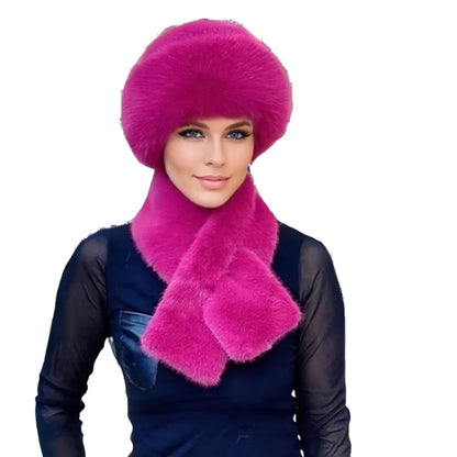 2 Pcs/Set Women Winter Hat Scarf Set Fuzzy Plush Thickened Windproof Heat Retention Cross Neck Wrap Solid Color Dome Faux Fur Fi