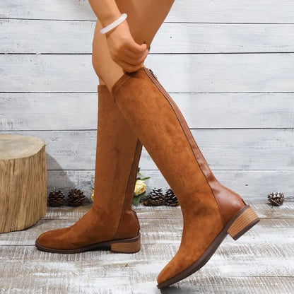 Women's Fashion Boots Spring and Autumn New Style Round Toe Back Zipper Knee-high Boots Women Stitching High Boots Simple Boots