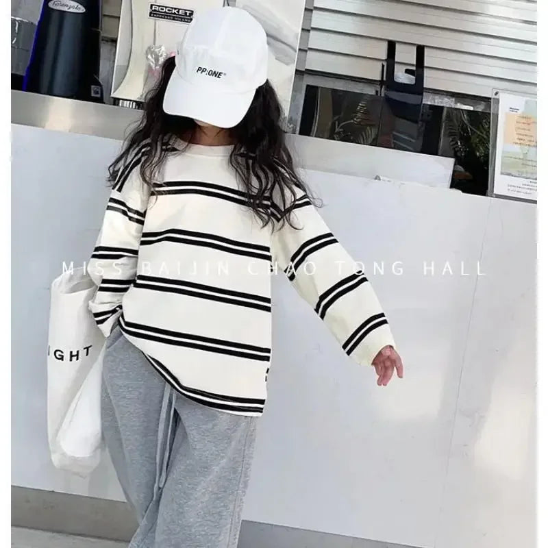 2024 Korea Style Simple Kids Clothes Girl 2Pcs Set Clothing Long Sleeve Striped+Loose Pant Outfits for Teen Girl 6 8 10 12 14Y