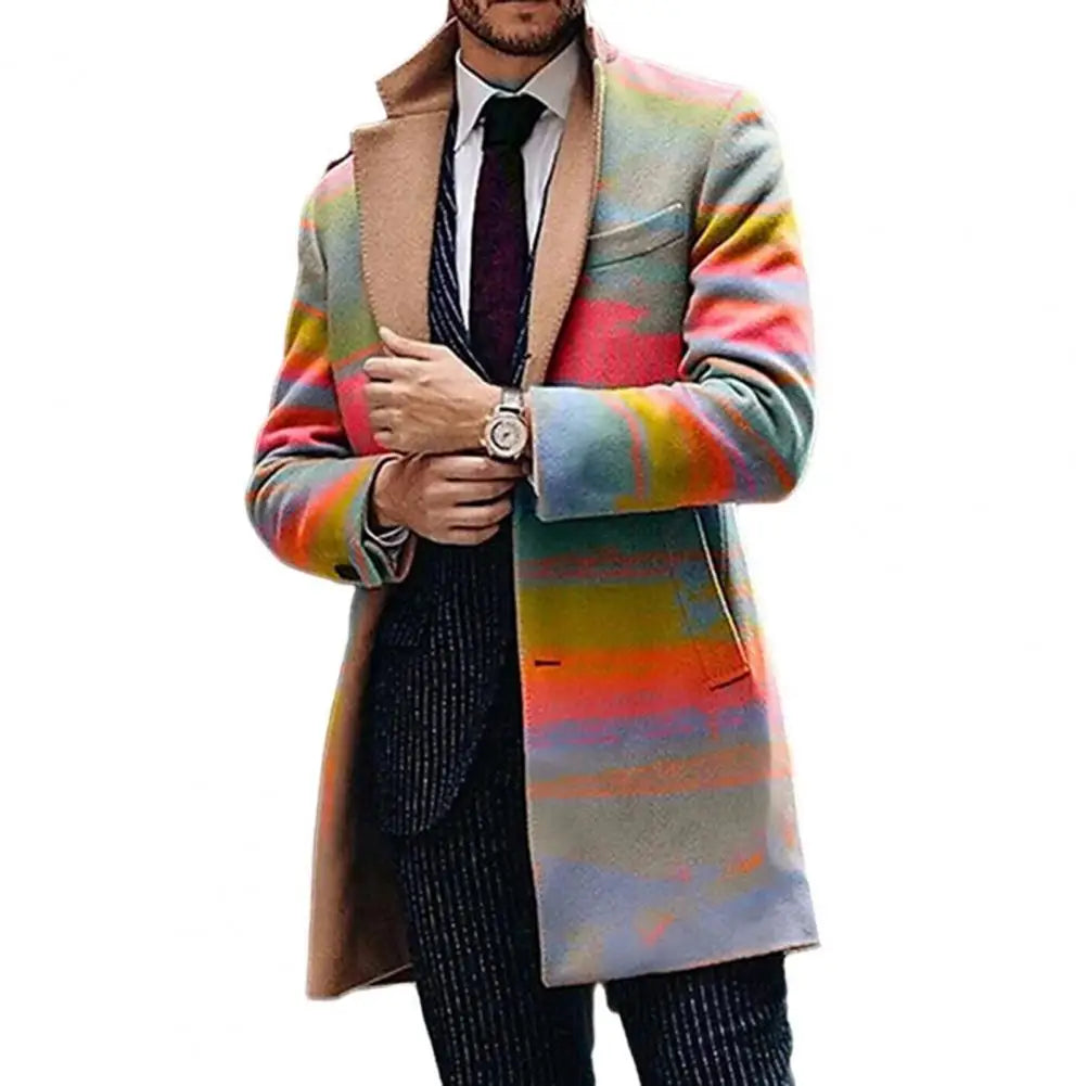 Formal Men Coat Men Geometric Pattern Coat Plaid Print Lapel Trench Coat for Men Stylish Business Style Jacket with for Fall