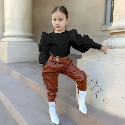 Kids Girls Clothing Set Long Puff Sleeve Ribbed Blouse Tops+PU Leather Pants with Belt 2pcs For Girls' Clothing Size 1 2 3 4 5 6