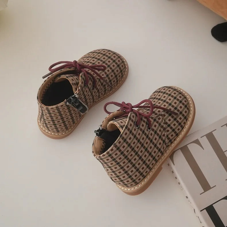 British Style Children Short Boots Handsome Autumn Boys Single Boots Fashion Girls Retro Lattice Boots Baby Soft Warm Shoes