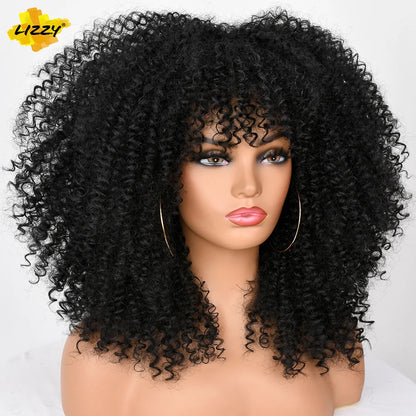 Short Afro Curly Wig With Bangs Synthetic African Fluffy Black Ombre Brown Curly Women's Wigs