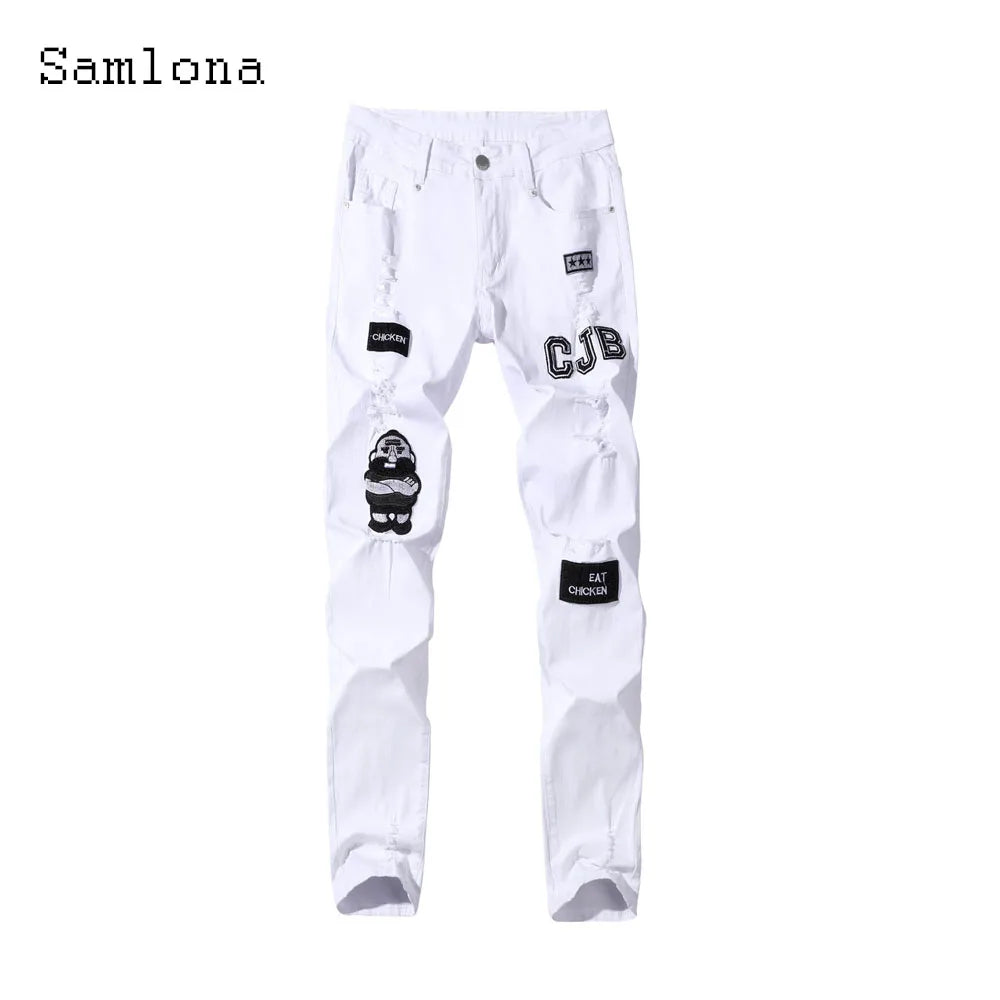 Samlona Jeans Mens Fashion Skinny Denim Pant Male Streetw New Patchwork Demin Pants Sexy Jeans Blue Grey Pencil Trouser