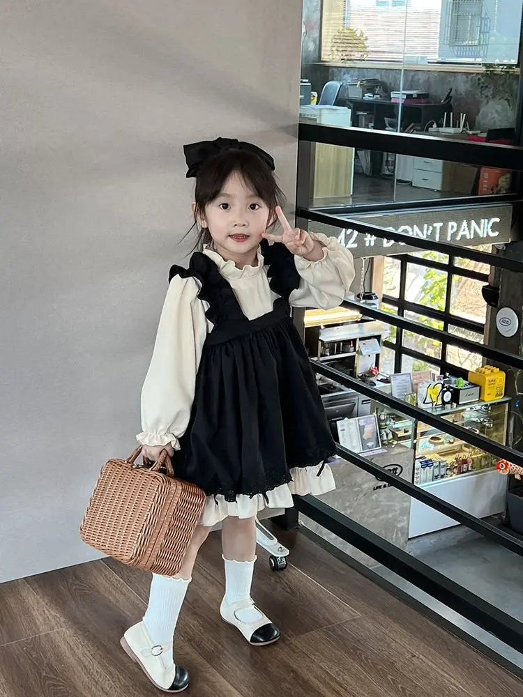 Spring Kids Girl Nolita Set 2023 New Children’s Clothing Long-sleeved Shirt + Overalls Dress 2PCS Suit Baby Girl Clothes Set