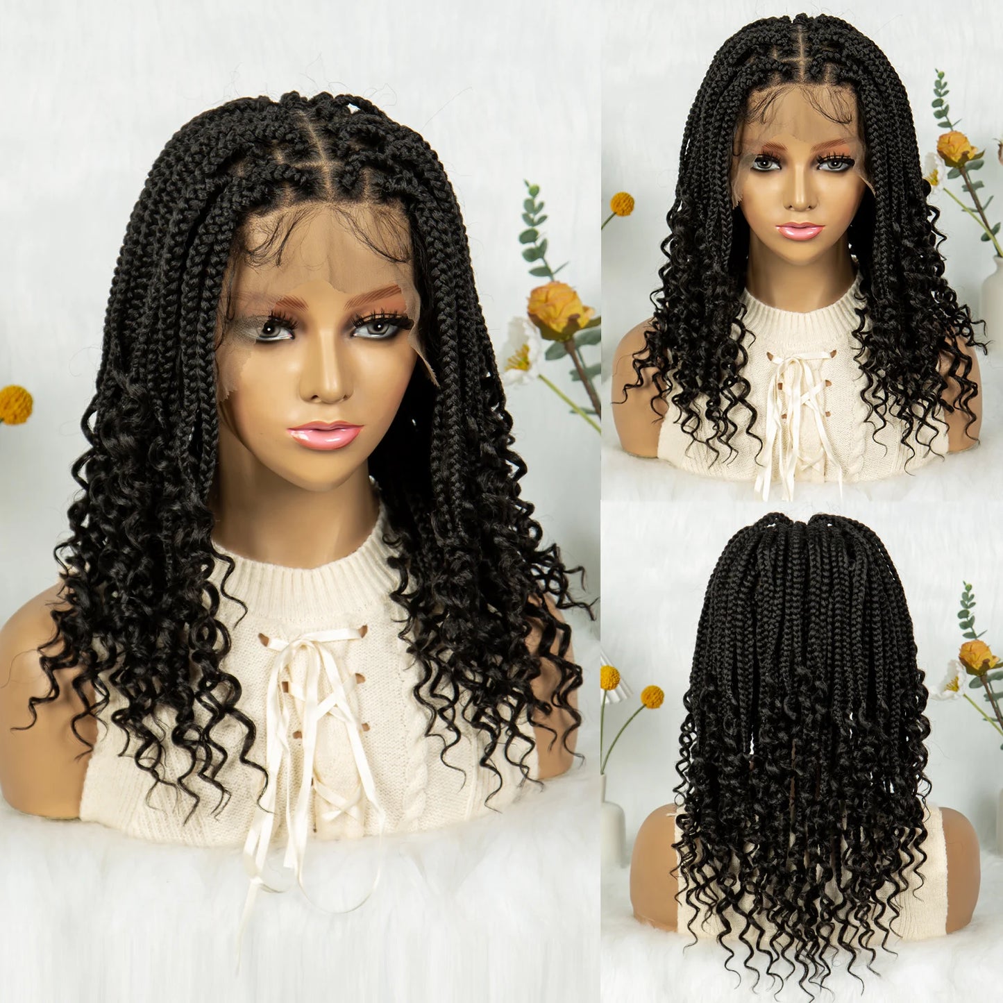 Kima Short Synthetic Box Braided Wigs Full Lace Wig Top Cornrow Braided with Curly End for Black Women