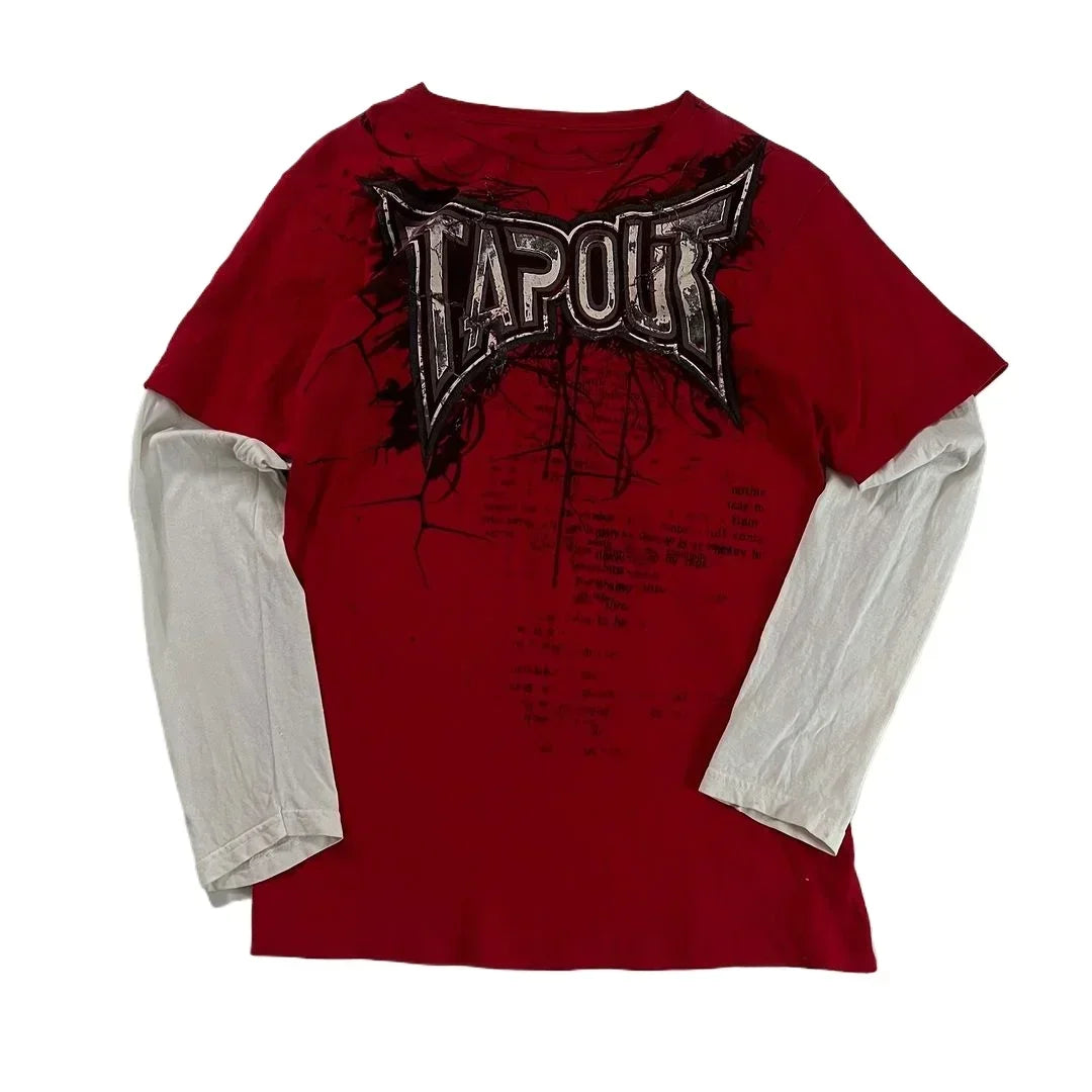 90s T shirt Men New Hip Hop Red TAPOUT Printing Round Neck Oversized Long Sleeved T shirt Casual Gothic Clothing Tops Streetwear