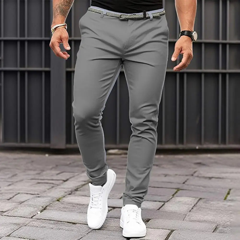 Slim Fit Suit Pants Solid Color Trousers Slim Fit Men's Business Office Trousers with Slant Pockets Zipper Fly for Workwear