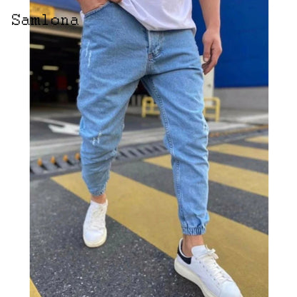 Samlona Jeans Mens Fashion Skinny Denim Pant Male Streetw New Patchwork Demin Pants Sexy Jeans Blue Grey Pencil Trouser