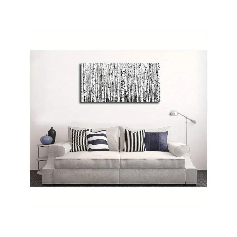 Framed large birch canvas wall art - modern black and white woodland scene, living room and home office fall style decor