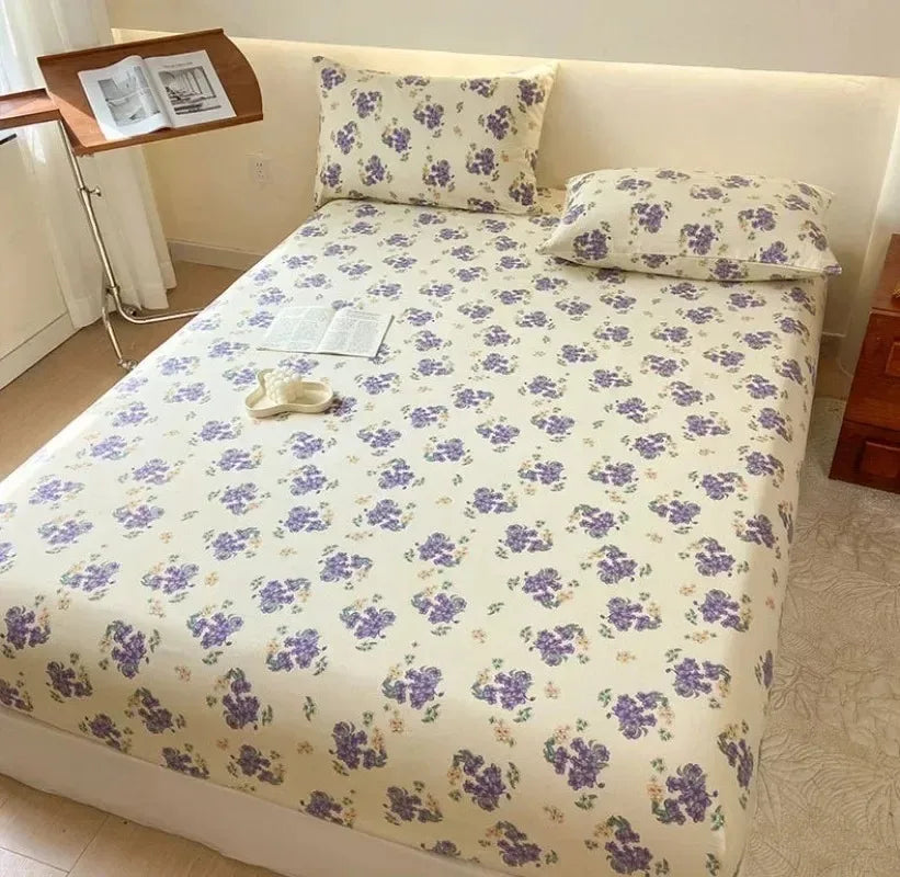 Bed Sheet with Elastic Washed Cotton Blue Flower Printed Fitted Sheet Single/Queen/King Mattress Cover set  for Double Beds