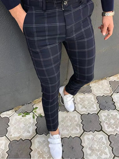 New Trend European and American Slim Fit Men's Business Casual Pants Long Pants 3D Plaid Men's Pants Large