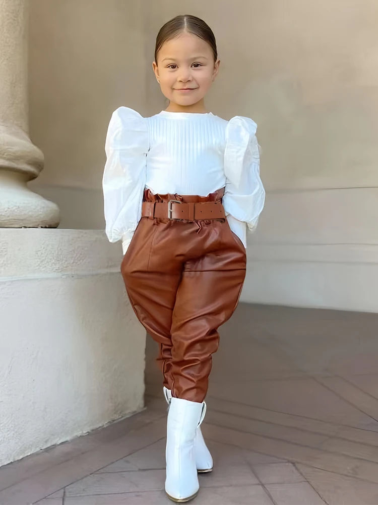 Kids Girls Clothing Set Long Puff Sleeve Ribbed Blouse Tops+PU Leather Pants with Belt 2pcs For Girls' Clothing Size 1 2 3 4 5 6