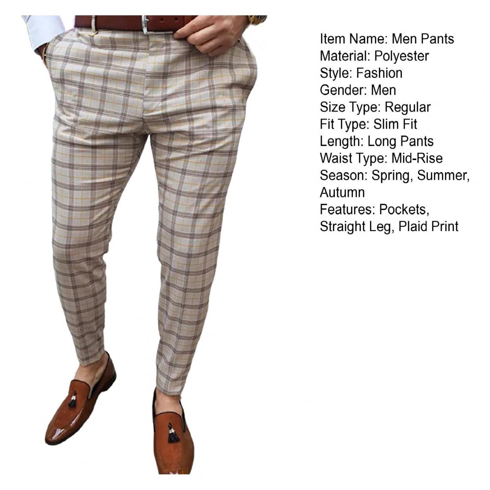 Mid-rise Zipper Button Fly Pockets Men Pants Autumn Plaid Print Straight Fit Casual Pencil Pants