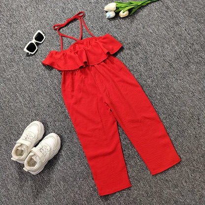 New Casual Girls' Summer Halter Ruffle Sleeve Jumpsuit Soild Suspender Romper Fashion Clothing for Toddler Girl 1-8 Years