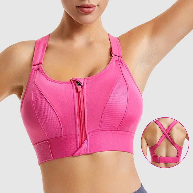 Aiithuug Sexy Zip Front Closure Strappy Criss Cross Yoga Bra Women's Padded Shockproof Gathered Seamless Wireless Sport Gym Bras