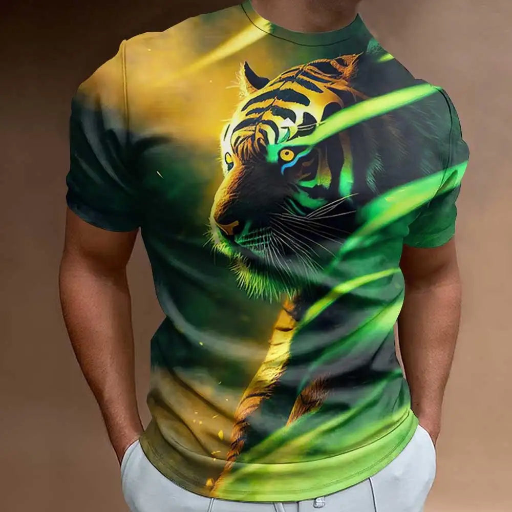 Fashionable 3D Fierce Tiger Print Men's T-Shirt Retro Loose Oversized Short Sleeve Eye Catching Man Clothing 2024 Tees