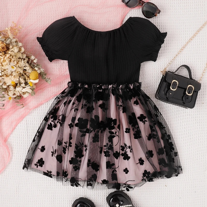 Newborn Kids Girl’s A-line Dress Short Sleeve Crew Neck Flower Bow Tulle Patchwork Summer Party Dress Children's Clothing