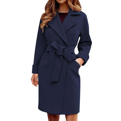 Women Winter Fall Trench Coat Casual Mid Long Overcoat Lapel Open Front Cardigan Outwear Woolen Ladies Wool Blend Winter Jackets