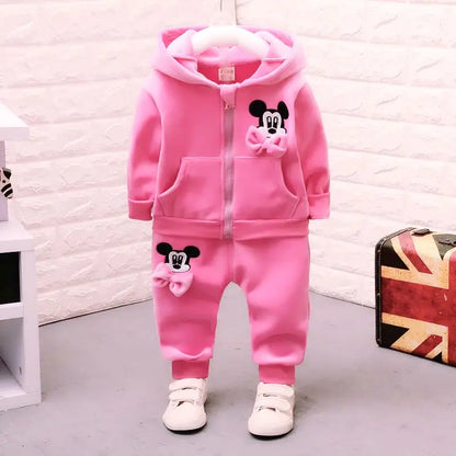 Baby Plush Clothes Set Children Autumn Winter Boys Girls Cartoon Minnie Bow Hooded Coat+Pants 2Pcs Set Toddler Warm Letter Suit