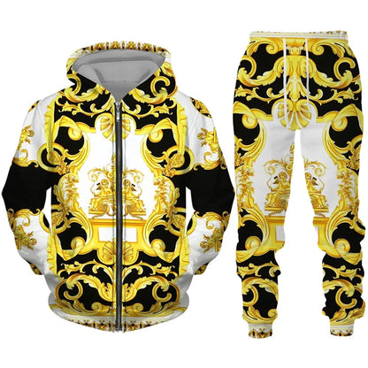 Men Zipper Hoodies Set Luxury Golden Pattern 3D Print Casual Tracksuit+Pants 2pcs Sets Oversized Sweatshirt Fashion High-quality