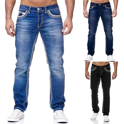 High Quality Men's Jeans Black Straight Spring Autumn Denim Pockets Casual Trousers Light Blue Streetwear