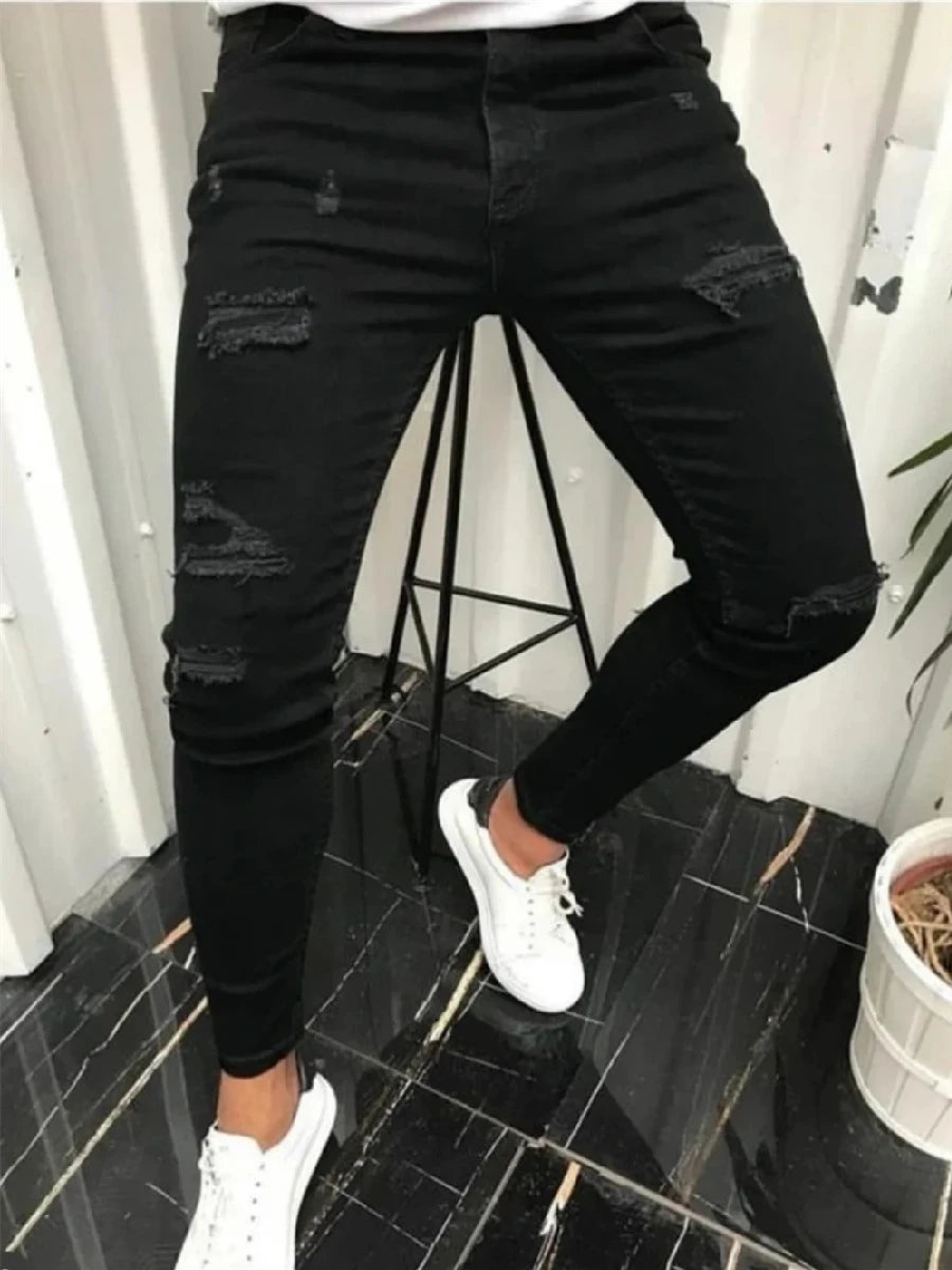 Stylish Street Style Men Hiphop Holes Stretch Slim Pencil Jeans Trousers Male Distressed Cotton Skinny Denim Pants