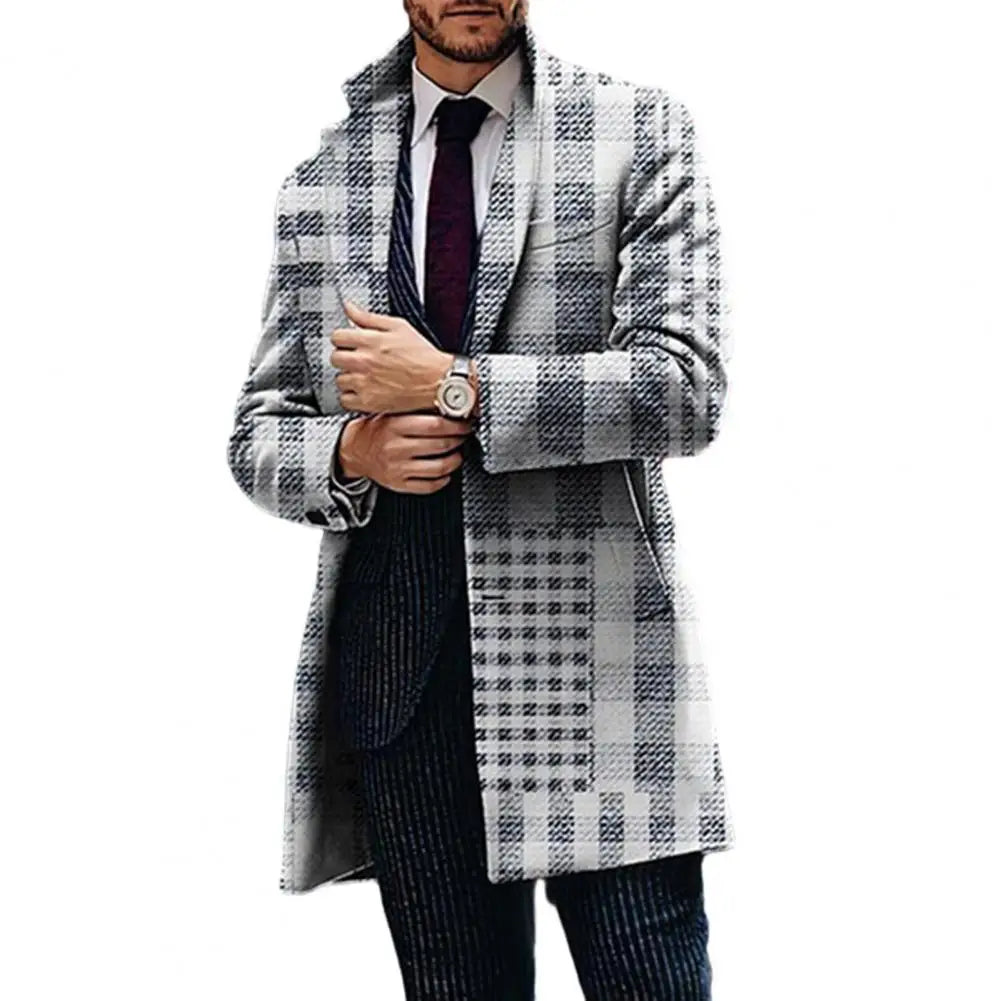 Formal Men Coat Men Geometric Pattern Coat Plaid Print Lapel Trench Coat for Men Stylish Business Style Jacket with for Fall