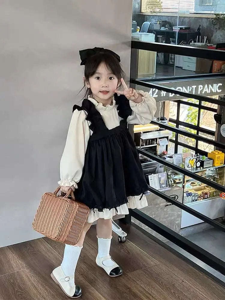 Spring Kids Girl Nolita Set 2023 New Children’s Clothing Long-sleeved Shirt + Overalls Dress 2PCS Suit Baby Girl Clothes Set