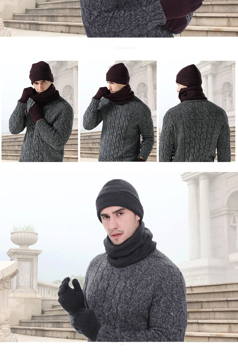 Men's Autumn Winter Keep Warm Set Unisex Beanie Gloves Scarf Male Woolen Yarn Knit Muffler Solid Color Hat Wholesale Drop Ship