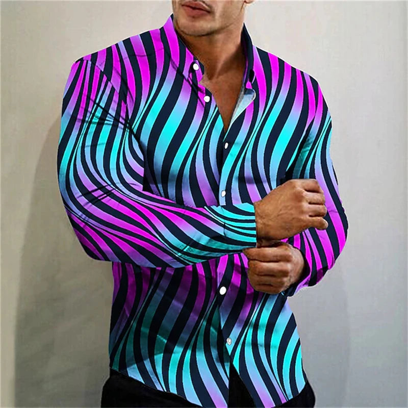 Fashion Men's Elegant Shirt Spotted 3D Printed Lapel Button Up Classic Long Sleeve Shirt Temperament Men's Partywear