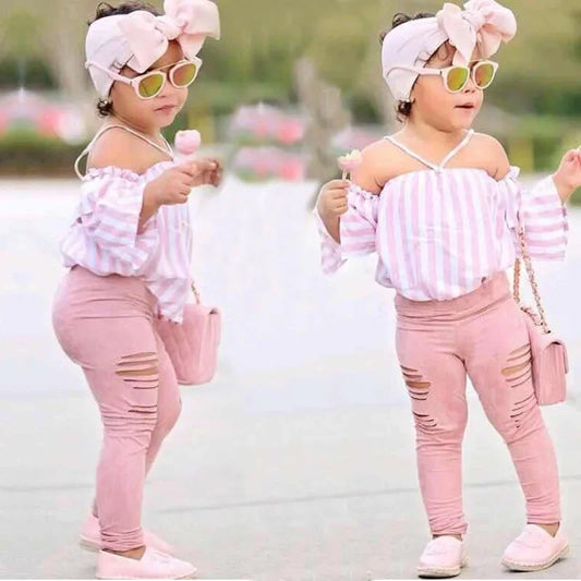 3Pcs/set Children Summer Clothing Outfit Off Shoulder Stripe Tops Ripped Pants Headbands Set Clothes for Kids Fashion Clothing